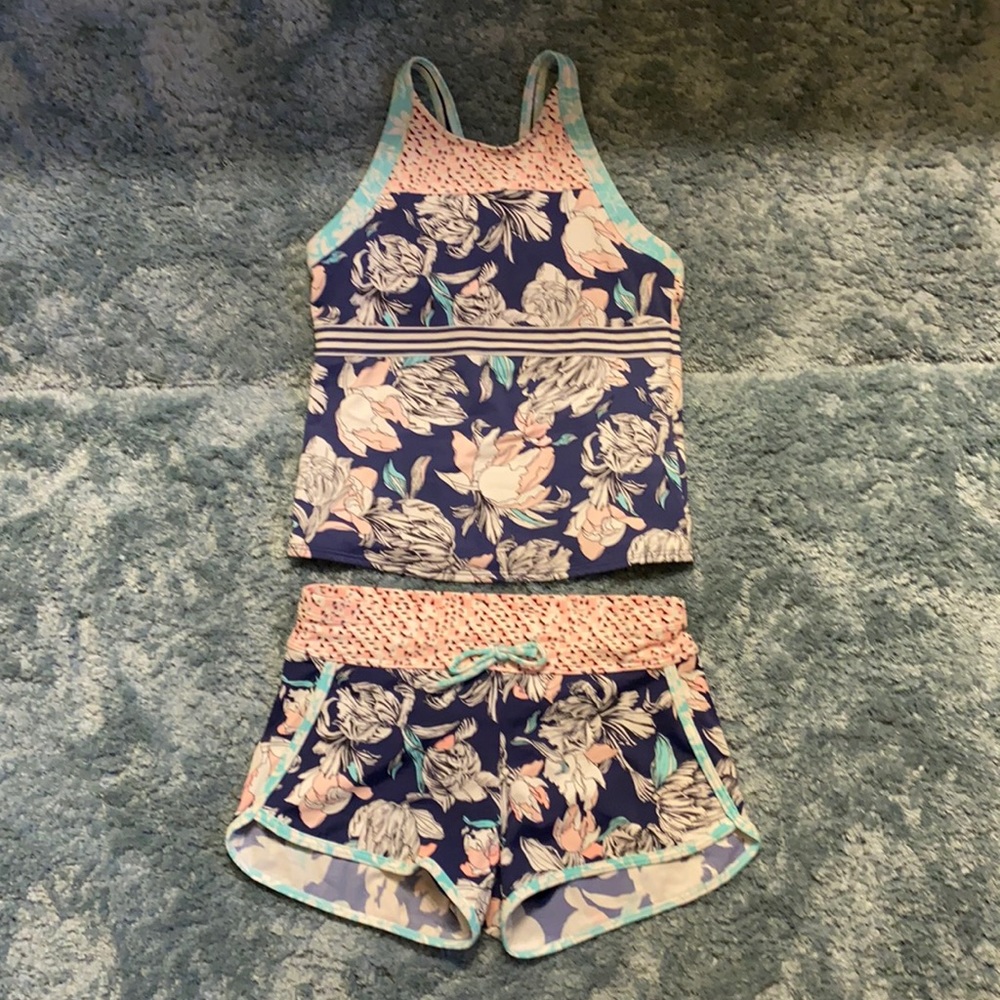 Athleta Girl Swimsuit Tankini & Cannon Ball shorts-Size Lg/12- Blue Floral Print